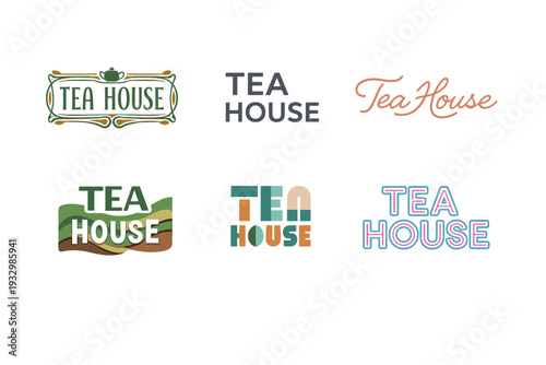 Collection of unique tea house logos in various artistic styles