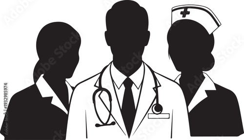 Three medical professionals standing together in silhouette