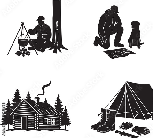 Outdoor living and camping illustrations featuring a man by a campfire cabin and camping tent with gear