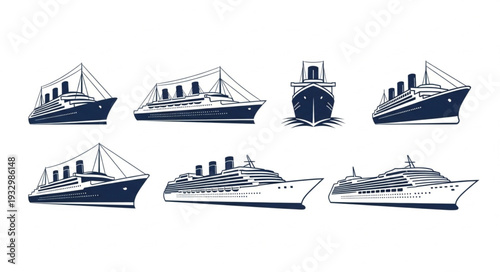Collection of vintage cruise ships and ocean liners in various perspectives, nautical theme.