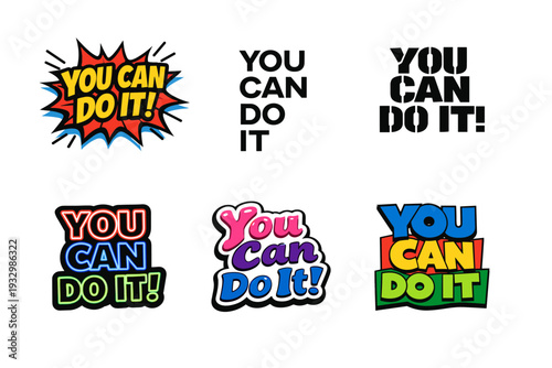 Diverse motivational text designs in bold colors and graphic styles