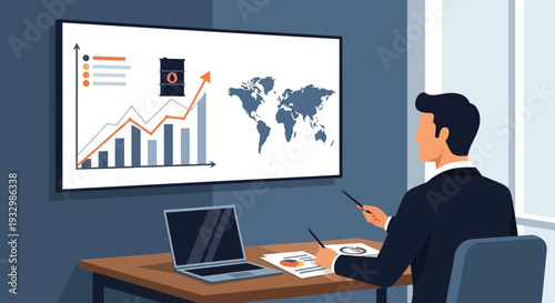 Businessman analyzes rising oil market trends illustration