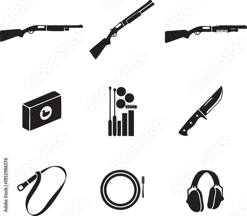 Various shotguns, ammo box, cleaning kit, hunting knife, ear protection, lanyard, cleaning brush, outdoor gear, sportsman equipment