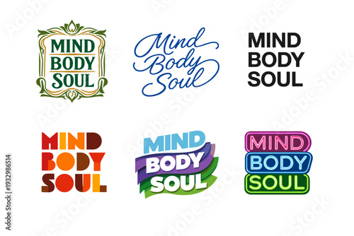 Diverse mind body soul logos with bold colorful typography and designs