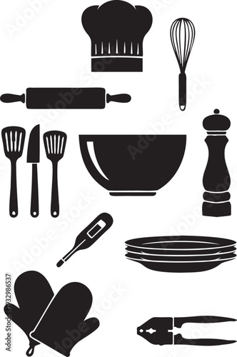 Kitchen utensils and chef equipment silhouettes including baking tools cooking accessories and serving dishes for food preparation