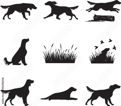 Bird hunting dog silhouettes in various poses including pointing running jumping over log sitting in tall grass and flushing birds