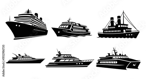 Various silhouettes of different types of ships and boats in black color.
