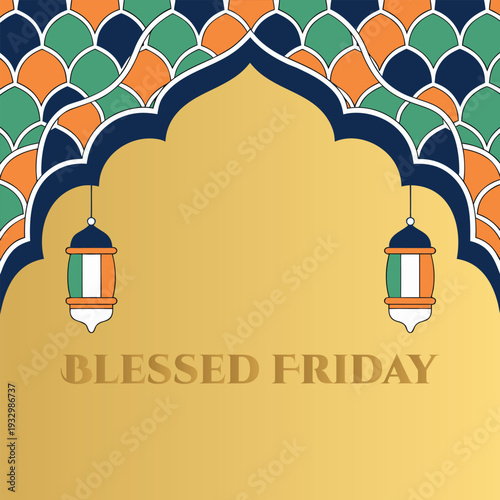 Islamic archway with lanterns and Blessed Friday text on golden background Keywords: Blessed