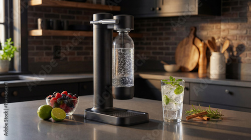 Matte black soda stream maker with glass bottle on kitchen