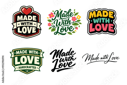 Colorful made with love text logos with hearts and flowers