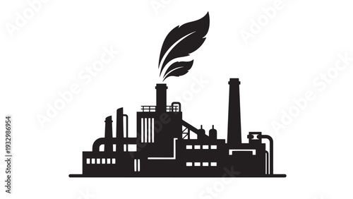 Pulp Mill With Eco Steam And Leaf Over Chimney — Black Solid Vector Representing Cleaner Paper Production And Low-Impact Manufacturing