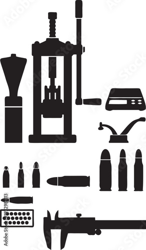 Reloading equipment for ammunition production vector illustration set, showing bullet press, scales, powder measure, and various caliber bullets