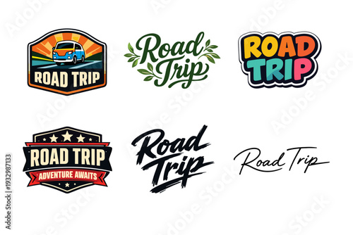 Colorful road trip logos collection with retro and modern designs