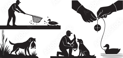 Duck hunting scenes with dog retrieving prey, hunter training retriever, and decoy placement vector silhouettes