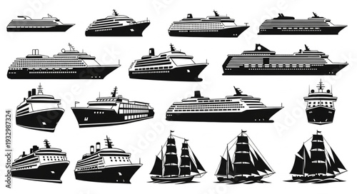 Collection of various cruise ships and sailing vessels in silhouette form for design.