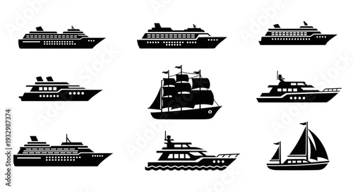 Collection of various boat silhouettes representing different types of water vessels.