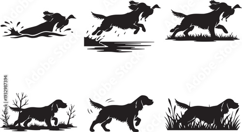 Set of black silhouette dogs in various active poses including running, swimming, and exploring outdoors