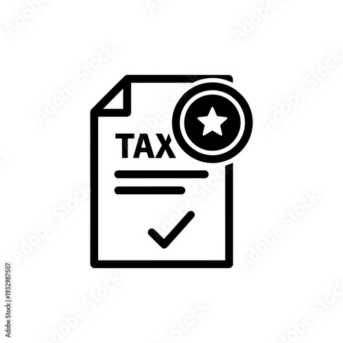 A black icon depicting a tax document with a star a simple silhouette