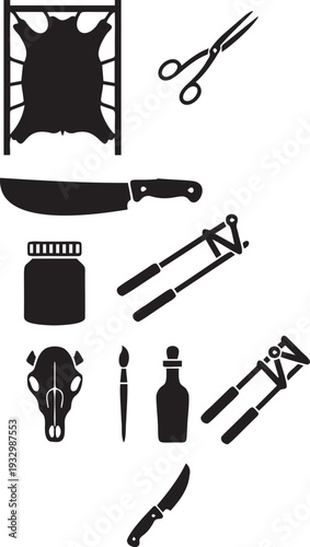 Hunting tools and animal skull icons for outdoor activity and survival equipment vector silhouette set