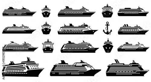 Collection of various cruise ships in black and white, side and front views.