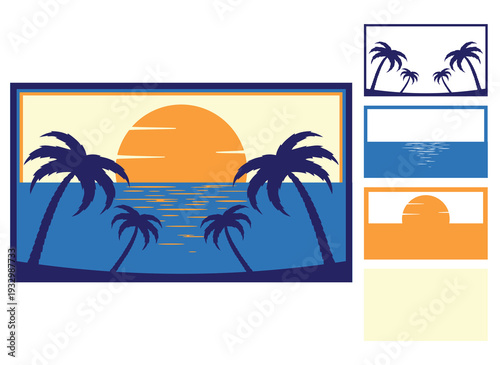 Summer, Beach, Sunset, Palm Trees, Hand Drawn Vector Illustration