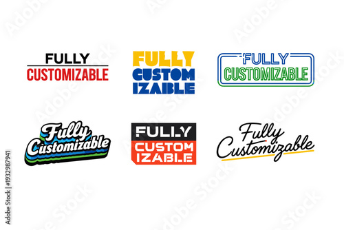 Six diverse fully customizable text logos in various styles and colors