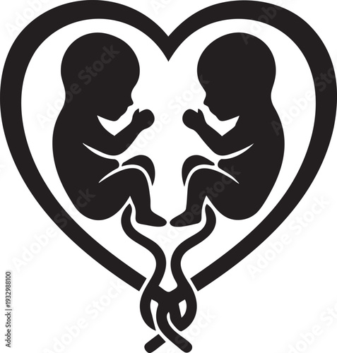 Twin babies in heart shape design template for maternity and pregnancy theme with umbilical cord on transparent background