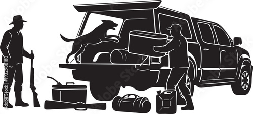 Hunters preparing for hunting season vector illustration set, people loading car, dog jumping into truck, hunting equipment