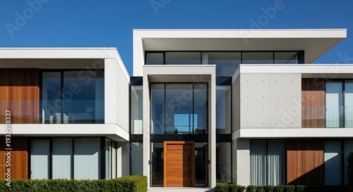 Modern architecture, contemporary design and luxury home exterior for upscale residential living with a family enjoying their stylish new house under bright blue sky. Minimalism, elegance and