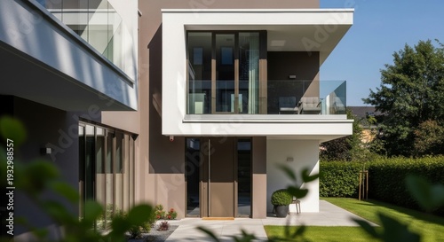 Modern architecture, contemporary design and luxury home exterior in a sunny landscape with family enjoying outdoor space and stylish balcony overlooking manicured lawn. Real estate, property and