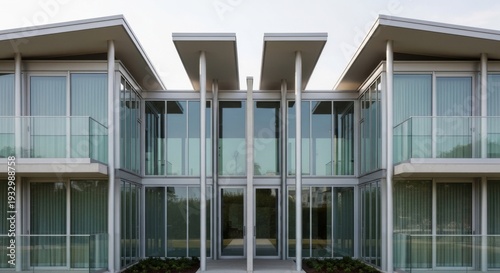 Modern architecture, contemporary design and luxury home exterior showcasing a spacious residential building with large glass windows reflecting surrounding landscape. Elegant facade, minimalist