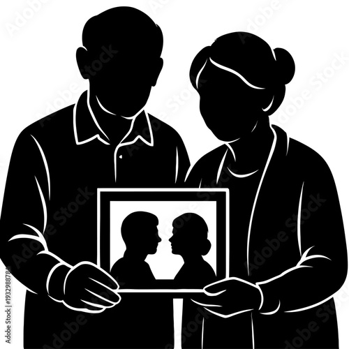 An elderly couple, depicted in silhouette, gently holds a framed photograph showcasing their younger selves as silhouettes gazing affectionately at each other. This powerful image symbolizes enduring