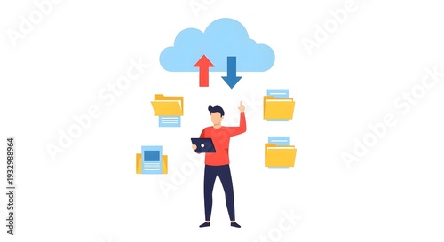 Young Man with Laptop Under Cloud Upload Download Concept
