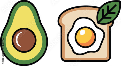 A halved avocado and a slice of toast with a fried egg and a green leaf on brown