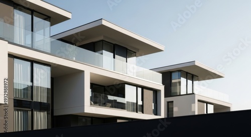 Modern architecture, contemporary design and luxury homes in a residential complex showcasing sleek aesthetics, innovative construction with family enjoying outdoor space on balcony overlooking urban