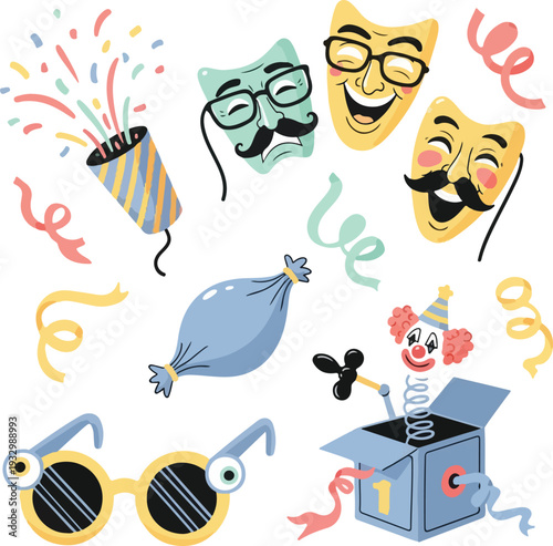 April Fools Day Element Set with Funny Masks Jack in the Box Party Popper and Joker Glasses for Prank and Celebration Concept