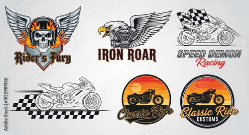 Motorcycle emblems featuring skull, eagle, and classic ride designs for biker culture.