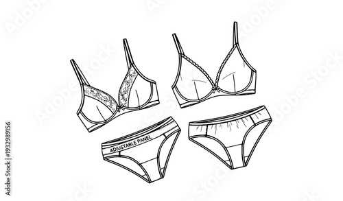 Minimal Lingerie Flat Technical Drawing Bra and Panty Vector Outline