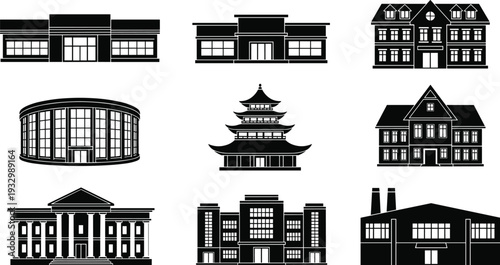 Building silhouettes collection, commercial residential and public architecture icons set isolated on white background vector illustration