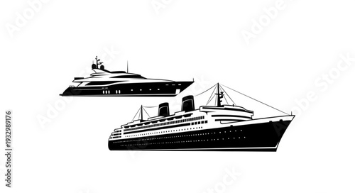 Elegant cruise ship and luxury yacht sailing on the open ocean waters.