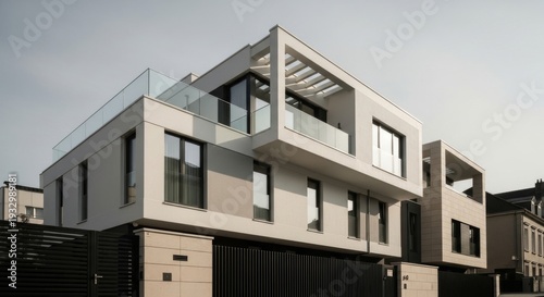 Modern architecture, contemporary design and luxury homes in a residential neighborhood showcasing elegant facade with spacious balconies overlooking landscaped gardens. Stylish property with sleek