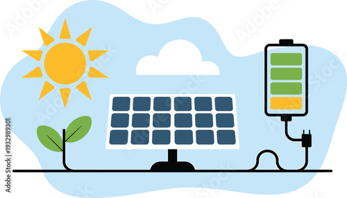 A sunny scene with a solar panel connected to a battery and a small green plant growing nearby yellow