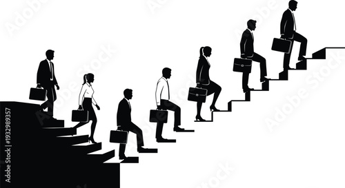 Business people climbing stairs silhouettes, career growth success concept with briefcase professionals ascending steps isolated on white background
