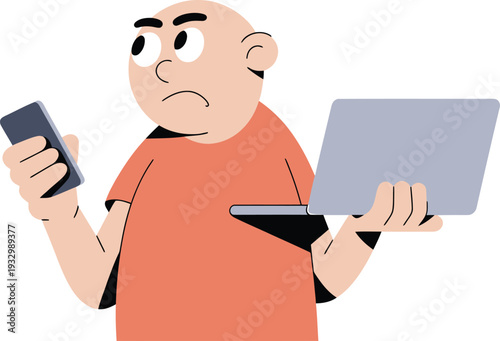 Bald man in orange shirt holding smartphone and tablet looking frustrated
