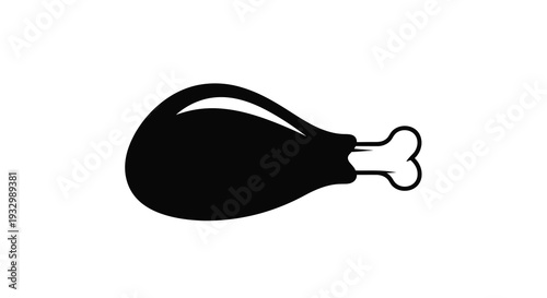 A stark black silhouette of a cooked chicken leg presented against a plain white background creating a bold silhouette