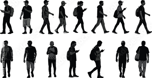 Collection of walking people silhouettes, diverse men with backpacks using smartphones isolated on white background, urban lifestyle concept illustration