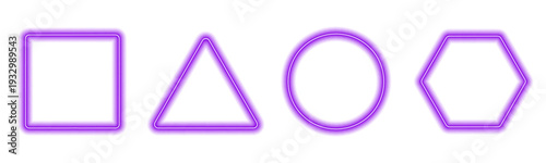 Smooth luminous geometric set including circle, square, triangle, and hexagon frames with bright gradient glow and subtle highlights, ideal for creative layouts. vector