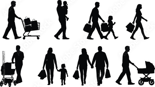 Family shopping silhouettes set, parents with children pushing cart carrying bags and stroller isolated on white background