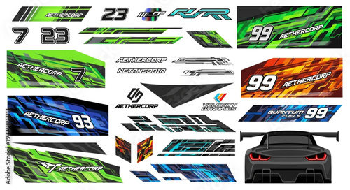 Racing car decals and stickers design elements for vehicles.