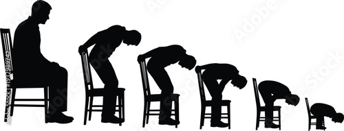 Depressed, man, silhouette, sitting, chair, progressive, exhaustion, stress, burnout, depression, anxiety, mental, health, decline, stages, black, isolated, white, background, illustration